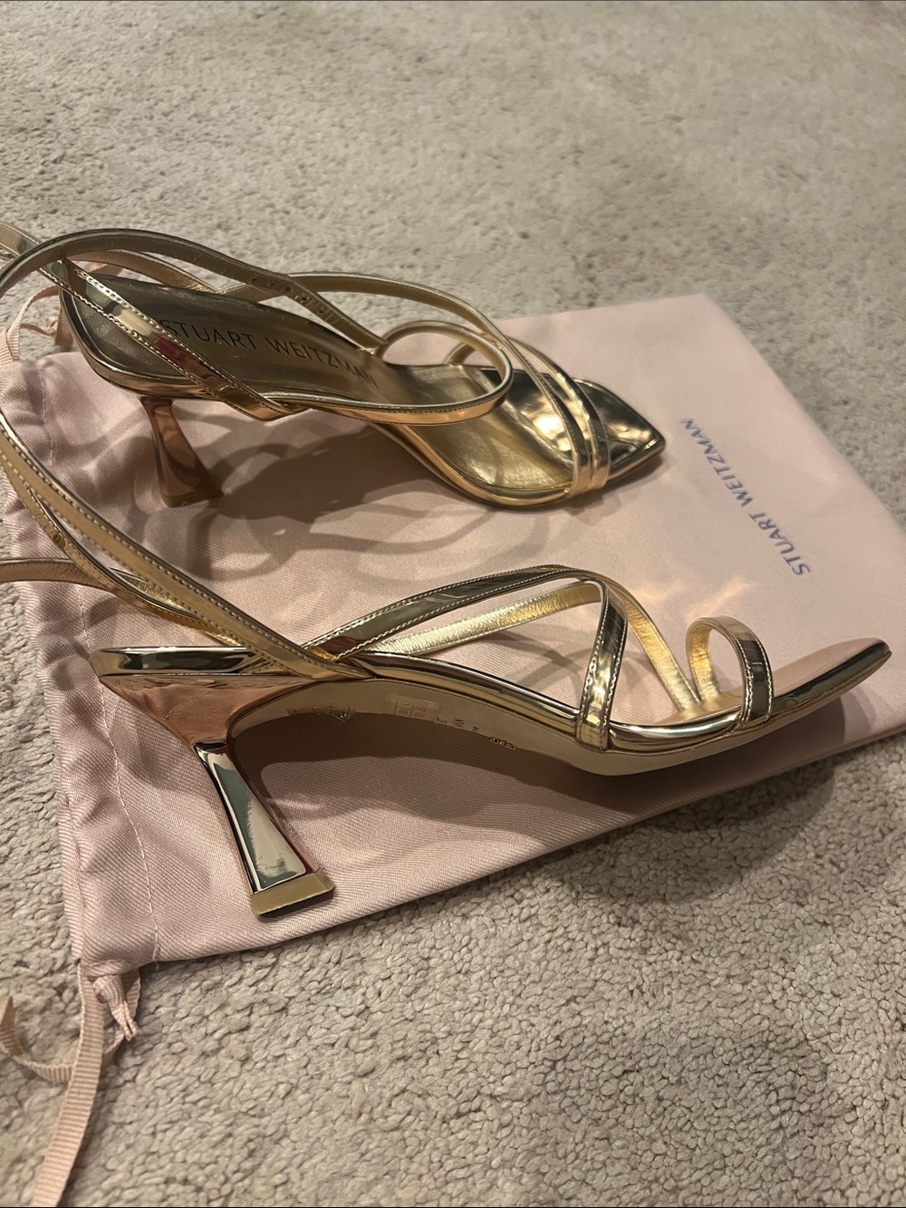 Stuart Weitzman Metallic Gold Strappy High Heel Sandals